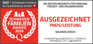 SIQT Schweizer Institut für Qualitätstests GmbH. Schweizer Familien Award 2026. Die besten Angebote für Familien: Freizeit- und Erlebnisparks. Ausgezeichnet Preis/Leistung. Seilpark Zürich. Kundenbefragung 08/2026 zu 12 Anbietern, Teilkategorie, TOP 2, siqt.ch/6772